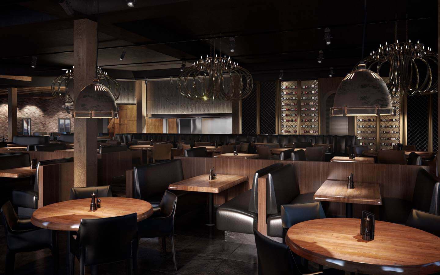 Restaurant interior with dim ambient lighting, wooden tables and black leather booths, a wine wall in the background and large stylized light fixtures.