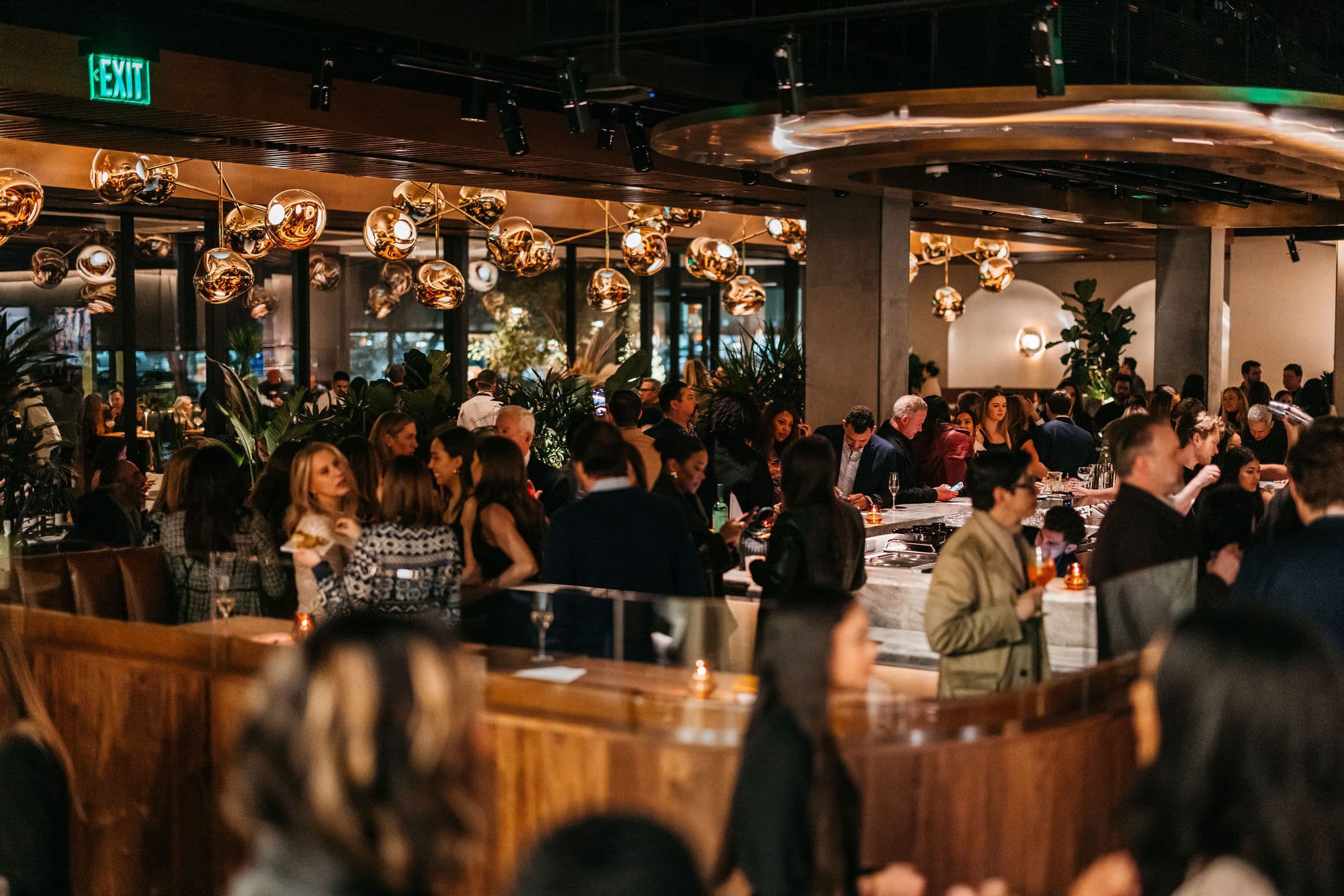 Busy restaurant interior with a private event